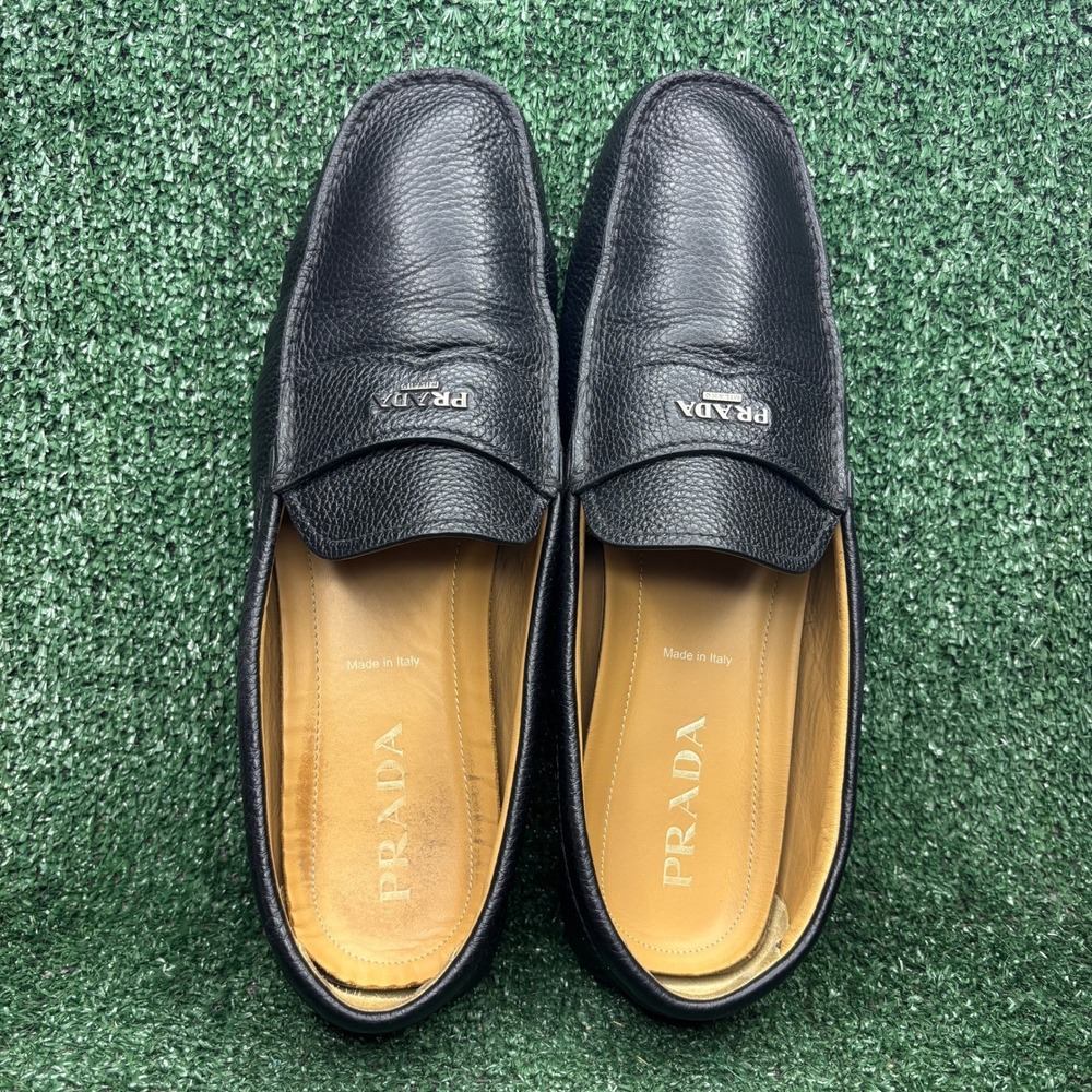 Prada Grained Leather Logo Penny Driving Loafer Luxury Slip On Black Mens Sz 12 - Picture 5 of 9